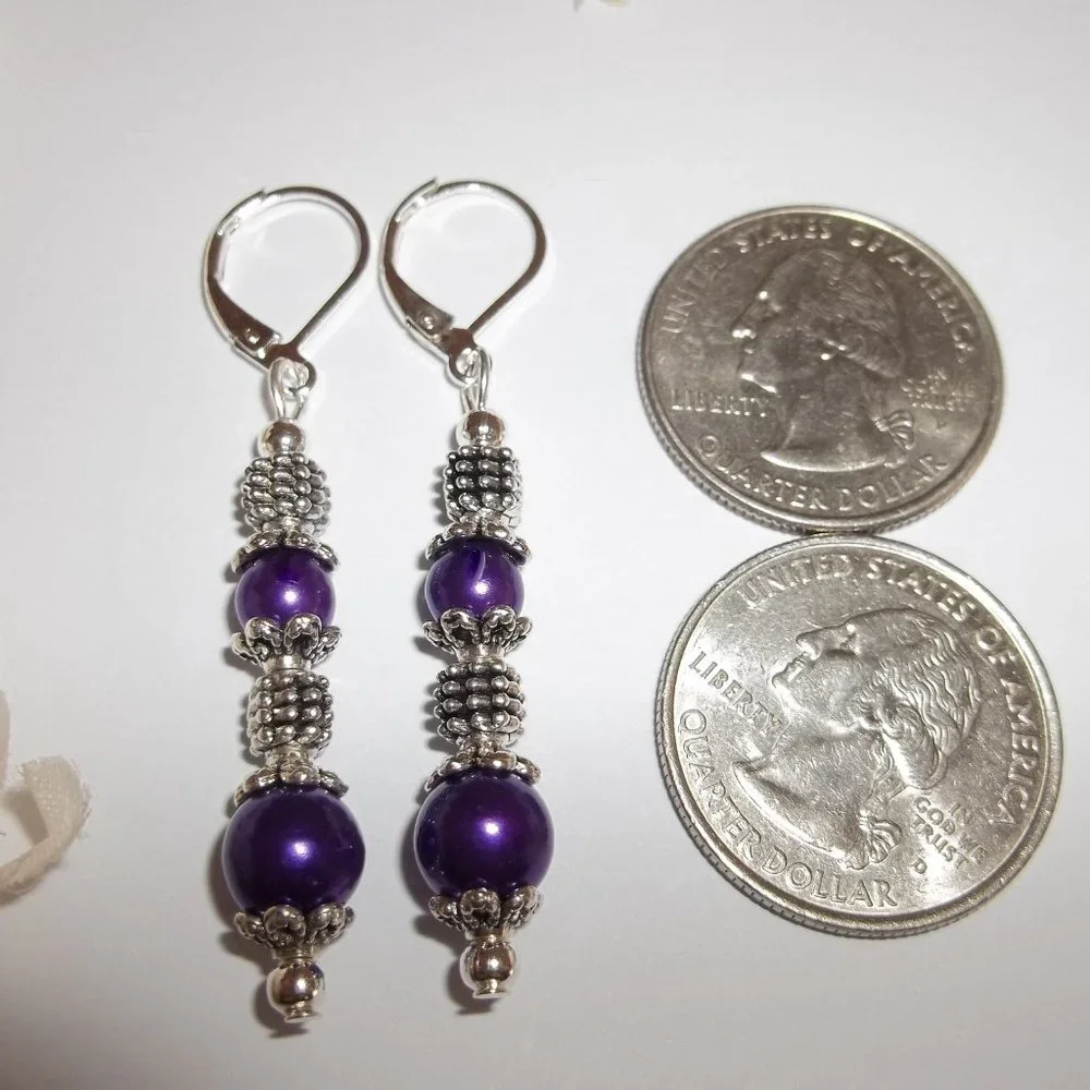 Long Purple and Silver Earrings Pearl Beaded Dangle Drop Jewelry Set Pair 7351